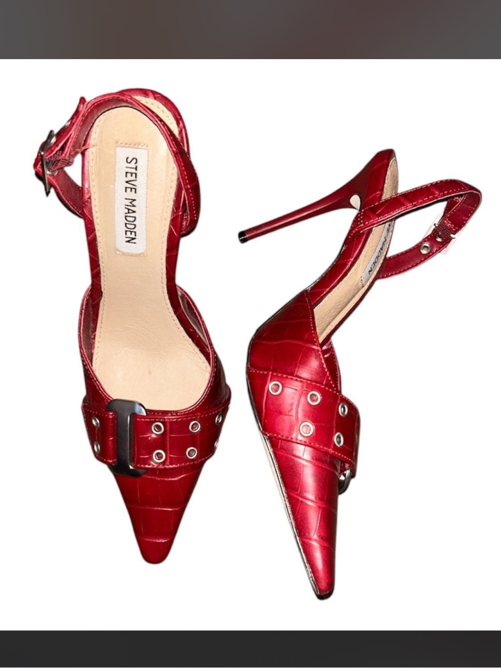 Steve Madden pointy red croc buckle slingback heels